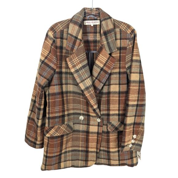 Free People Mari Plaid Boxy Blazer Oversized Brown Wool Blend Jacket XL NWT - Picture 2 of 12